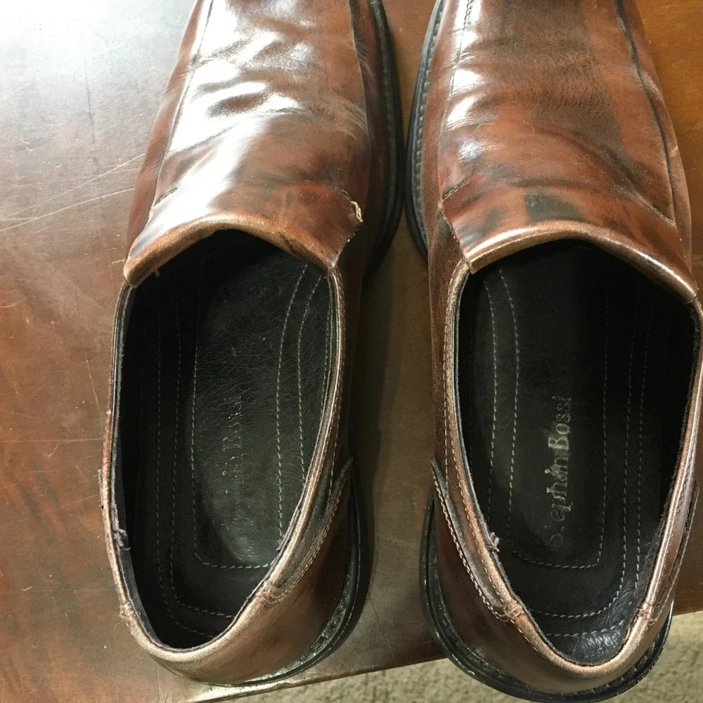 Stephan Bossi Mens Sz 10 Brown Leather Square Toe Slip On Loafers Dress Shoes